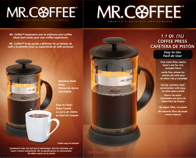Mr. Coffee Cafe  Oasis 32oz Glass Coffee Press w/ Scoop - Black - PP Handle & Knob - Stainless Steel Band - Gift Box