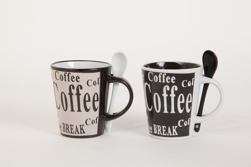 Mr. Coffee Bareggio 4pc 13oz Coffee Mugs Set w/ Matching Spoons - 4 Assorted Designs - Wax Relief - Reactive - Stoneware - Gift Box