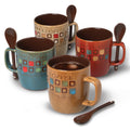 Mr. Coffee Cafe Americano 4pc 14oz Mugs Set w/ Matching Spoons - 4 Assorted Designs - 2 Tone - Stoneware - Gift Box