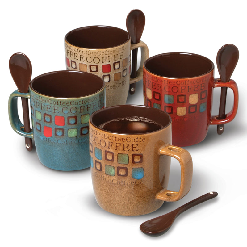 Mr. Coffee Cafe Americano 4pc 14oz Mugs Set w/ Matching Spoons - 4 Assorted Designs - 2 Tone - Stoneware - Gift Box