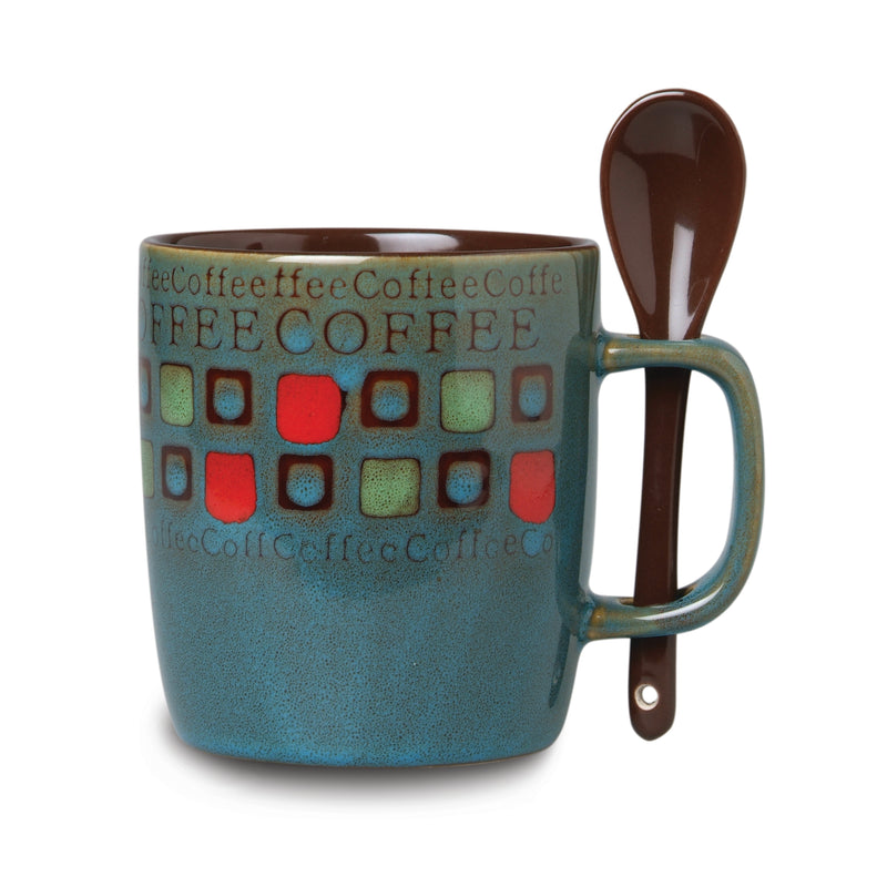Mr. Coffee Cafe Americano 4pc 14oz Mugs Set w/ Matching Spoons - 4 Assorted Designs - 2 Tone - Stoneware - Gift Box