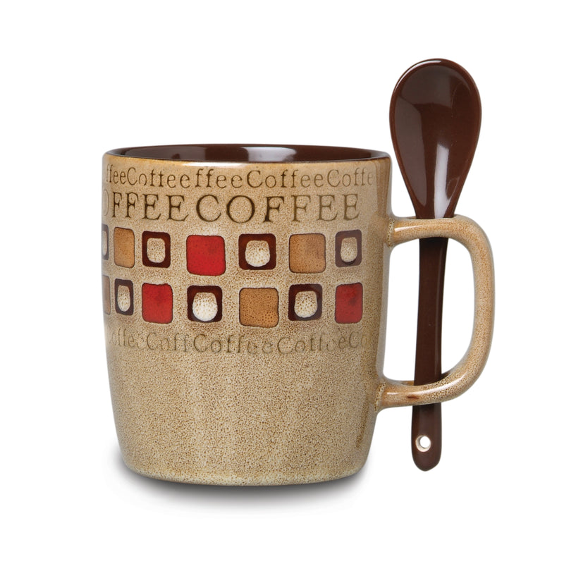 Mr. Coffee Cafe Americano 4pc 14oz Mugs Set w/ Matching Spoons - 4 Assorted Designs - 2 Tone - Stoneware - Gift Box