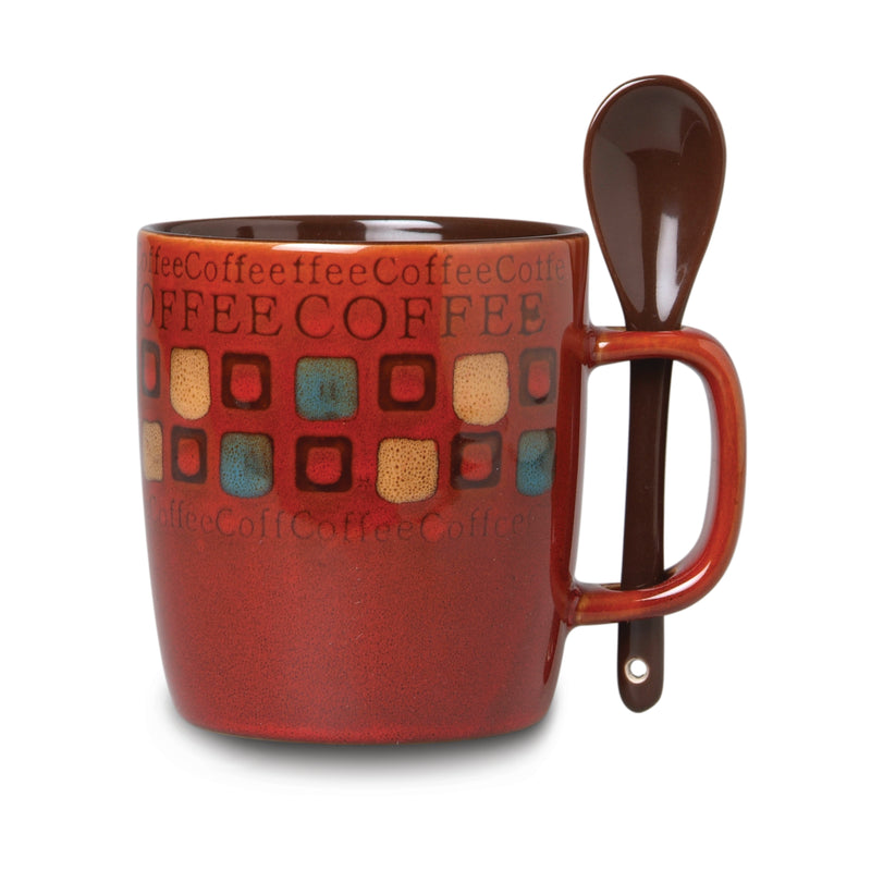 Mr. Coffee Cafe Americano 4pc 14oz Mugs Set w/ Matching Spoons - 4 Assorted Designs - 2 Tone - Stoneware - Gift Box
