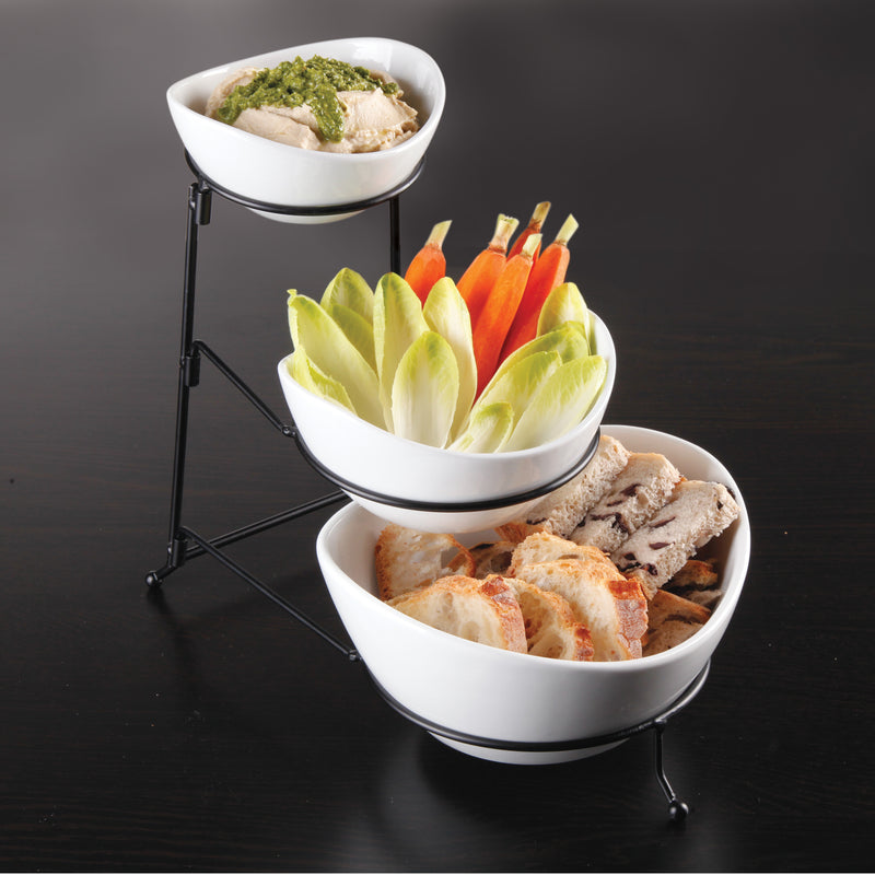 Gibson Elite Gracious Dining 3-Tier Serving Set w/ Bowls & Metal Stand - White - Oval - Stoneware - Gift Box