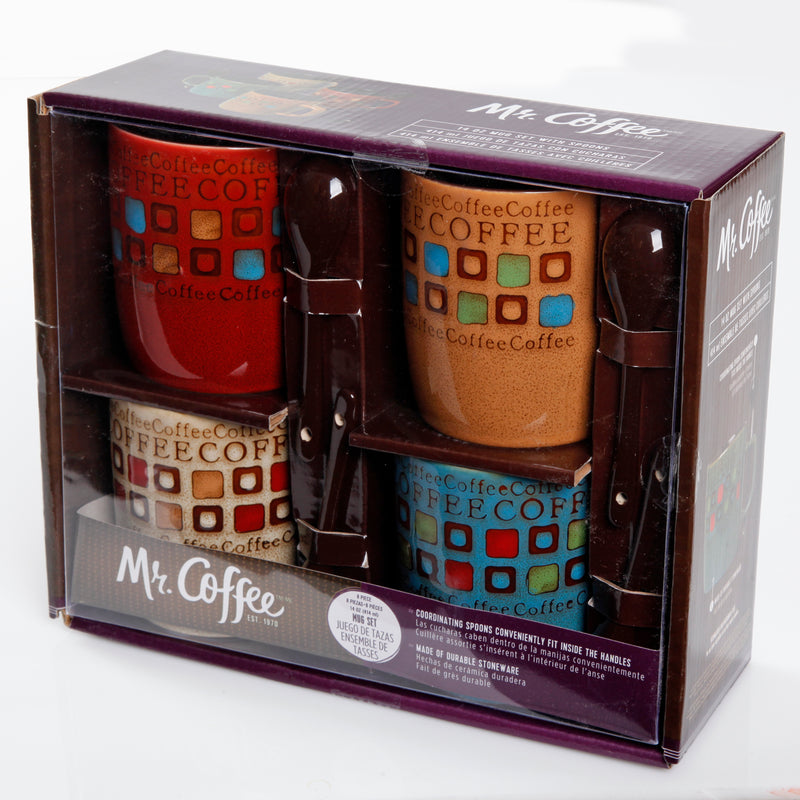 Mr. Coffee Cafe Americano 4pc 14oz Mugs Set w/ Matching Spoons - 4 Assorted Designs - 2 Tone - Stoneware - Gift Box