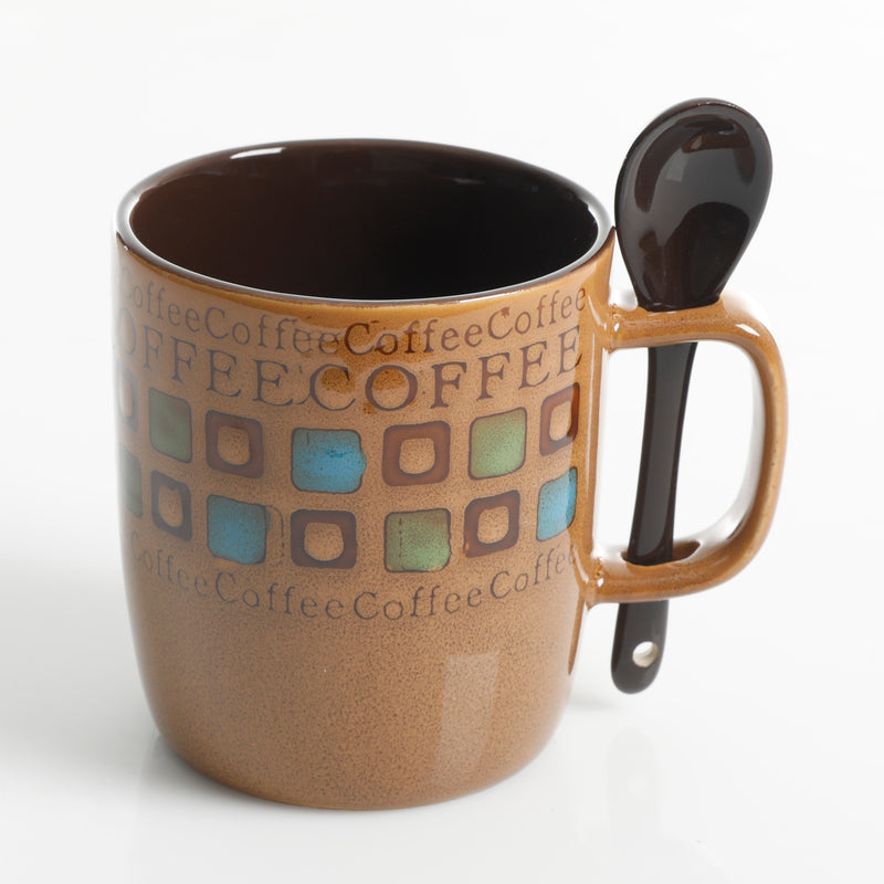 Mr. Coffee Cafe Americano 4pc 14oz Mugs Set w/ Matching Spoons - 4 Assorted Designs - 2 Tone - Stoneware - Gift Box