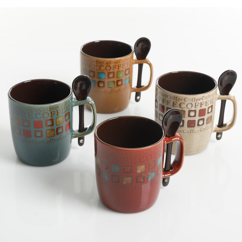 Mr. Coffee Cafe Americano 4pc 14oz Mugs Set w/ Matching Spoons - 4 Assorted Designs - 2 Tone - Stoneware - Gift Box