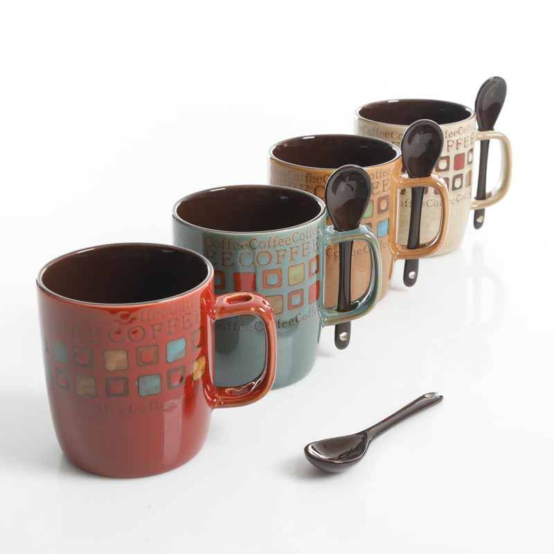 Mr. Coffee Cafe Americano 4pc 14oz Mugs Set w/ Matching Spoons - 4 Assorted Designs - 2 Tone - Stoneware - Gift Box