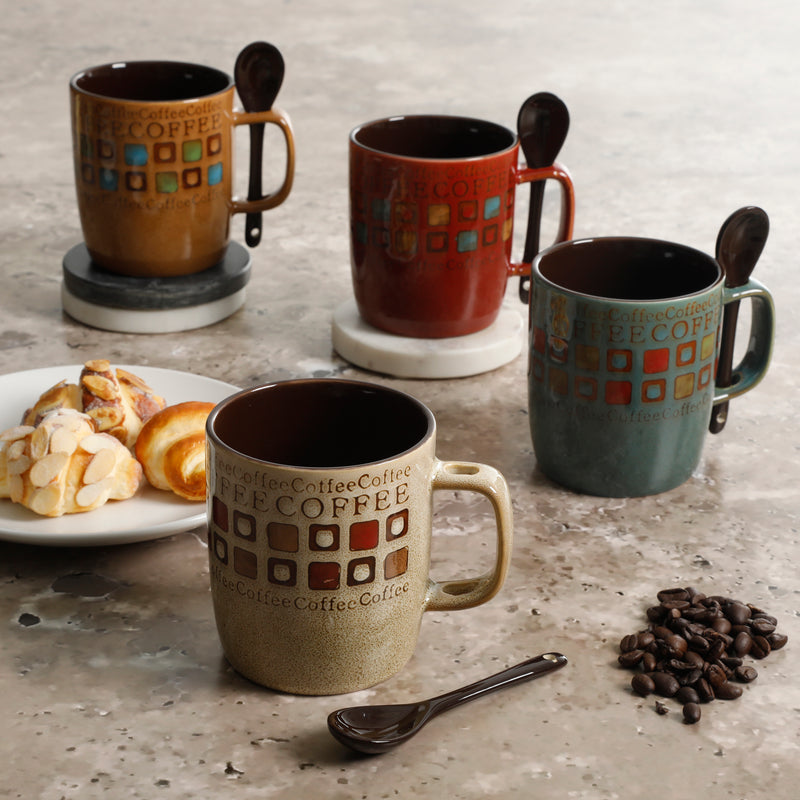 Mr. Coffee Cafe Americano 4pc 14oz Mugs Set w/ Matching Spoons - 4 Assorted Designs - 2 Tone - Stoneware - Gift Box