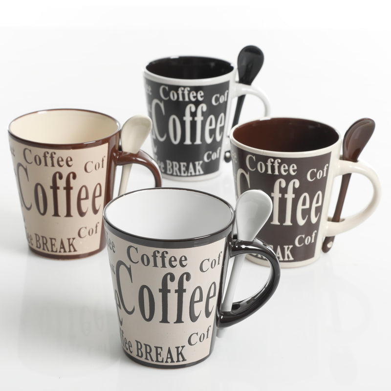 Mr. Coffee Bareggio 4pc 13oz Coffee Mugs Set w/ Matching Spoons - 4 Assorted Designs - Wax Relief - Reactive - Stoneware - Gift Box