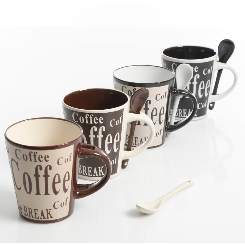 Mr. Coffee Bareggio 4pc 13oz Coffee Mugs Set w/ Matching Spoons - 4 Assorted Designs - Wax Relief - Reactive - Stoneware - Gift Box