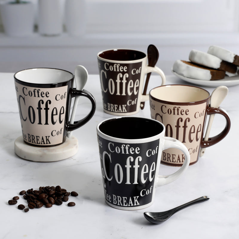 Mr. Coffee Bareggio 4pc 13oz Coffee Mugs Set w/ Matching Spoons - 4 Assorted Designs - Wax Relief - Reactive - Stoneware - Gift Box